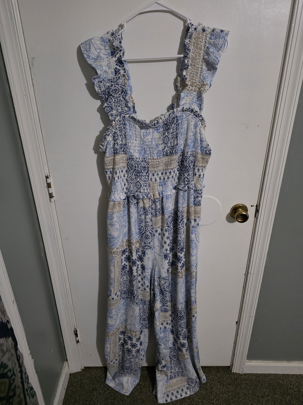 Cato Blue and Cream Printed Ruffle Strap Jumpsuit